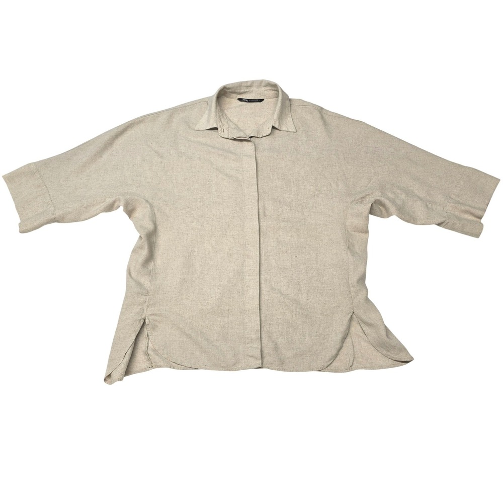 ZARA Linen Blend Short Sleeve Button Up Shirt Beige Cream Womens Small L Utility - Picture 3 of 15